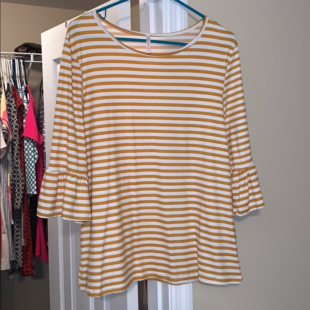 Mustard and white striped ruffle sleeve shirt